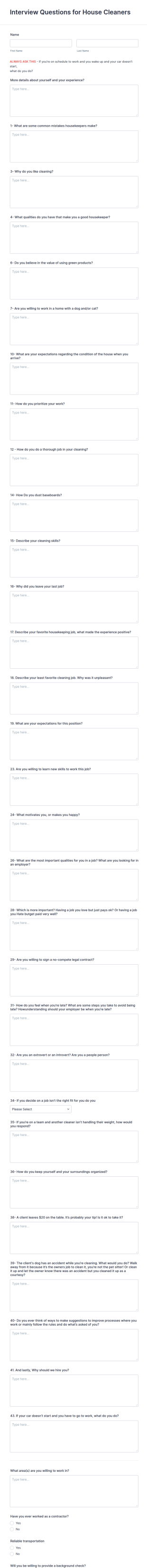 Interview Questions For House Cleaners Form Template