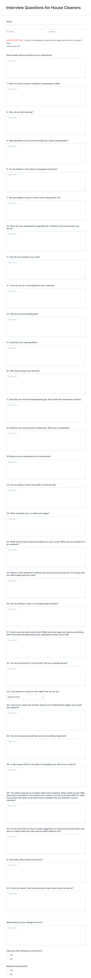 Interview Questions For House Cleaners Form Template