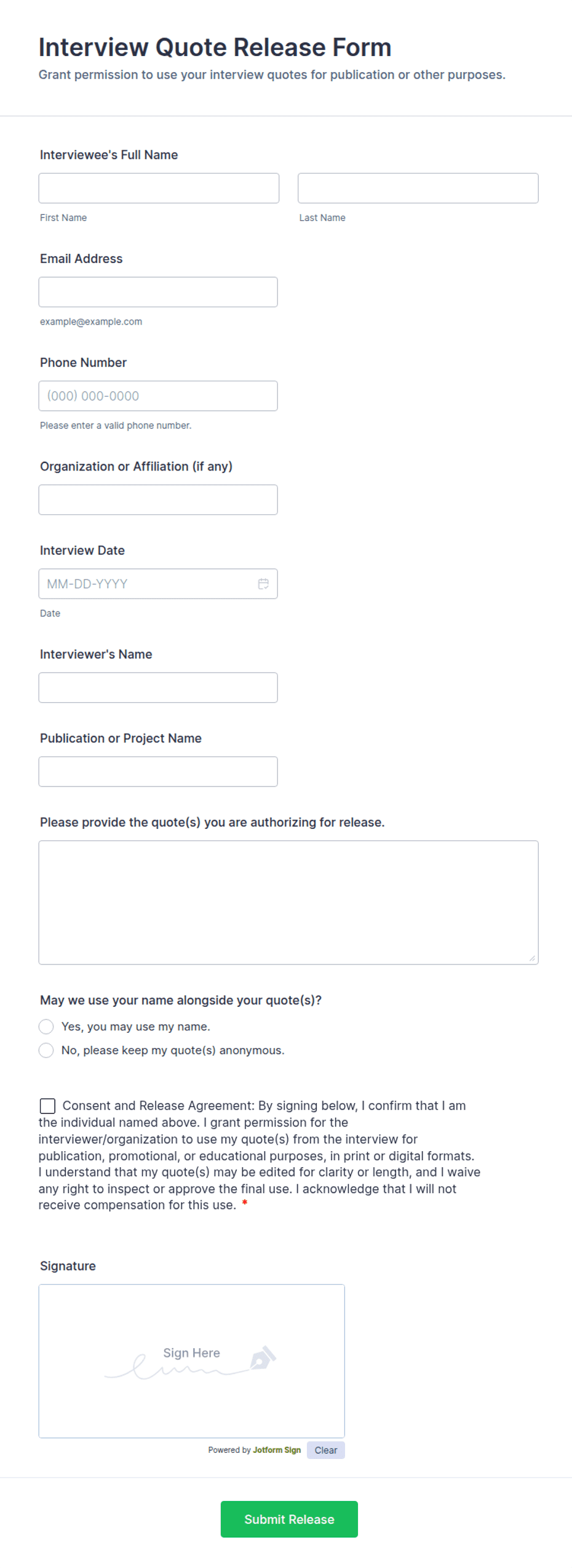 Form Rep Quote Interview Quote Release Form Template | Jotform