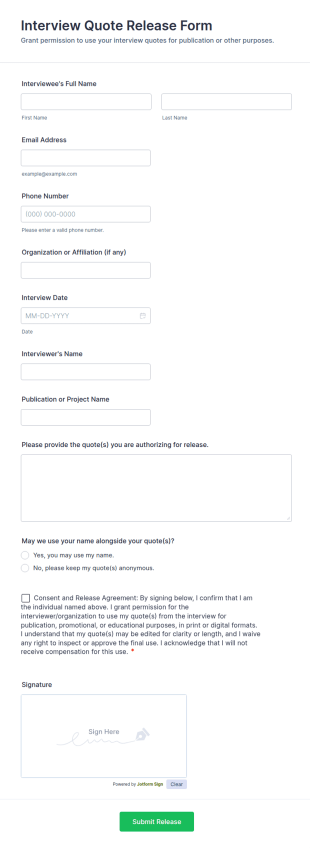 Interview Quote Release Form Template