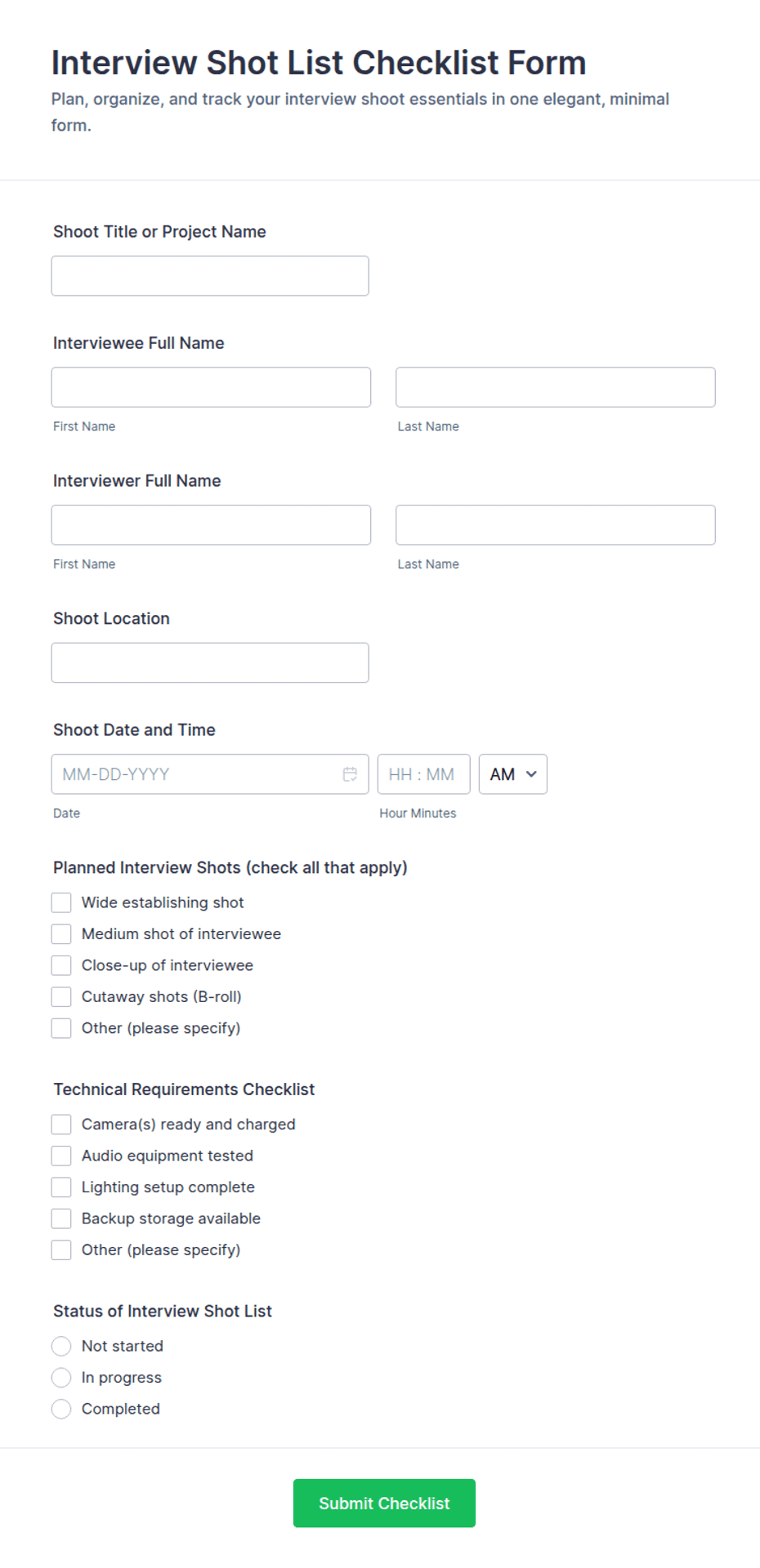 Interview Shot List Form Template | Jotform