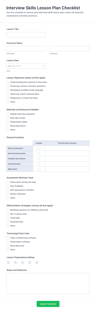 Interview Skills Lesson Plan Checklist Form Template