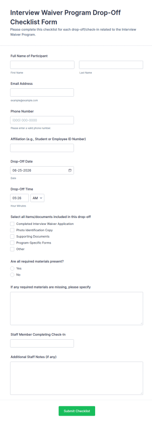 Interview Waiver Program Drop Off Checklist Form Template