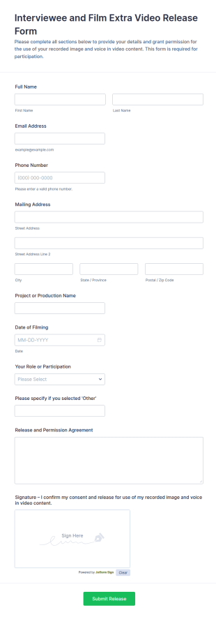 Interviewee And Film Extra Video Release Form Template