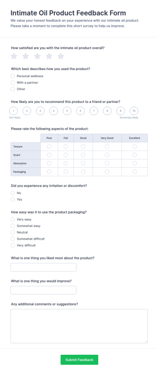 Intimate Oil Product Feedback Survey Form Template