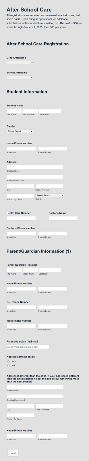 InTouch After School Program Registration Form Template