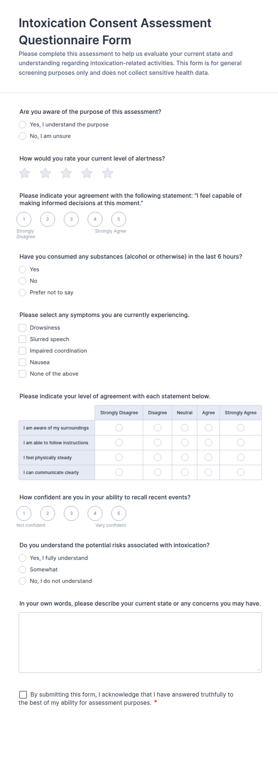 Intoxication Consent Assessment Form Template | Jotform