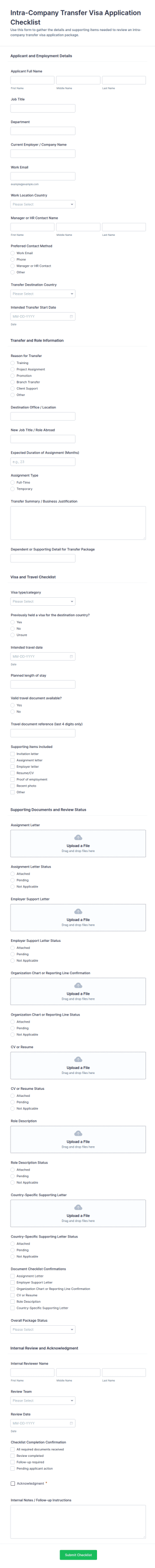Intra Company Transfer Visa Application Checklist Form Template