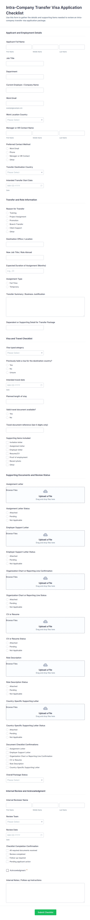 Intra Company Transfer Visa Application Checklist Form Template