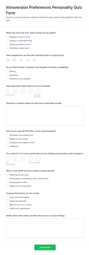 Introversion Preferences Personality Quiz Form Template