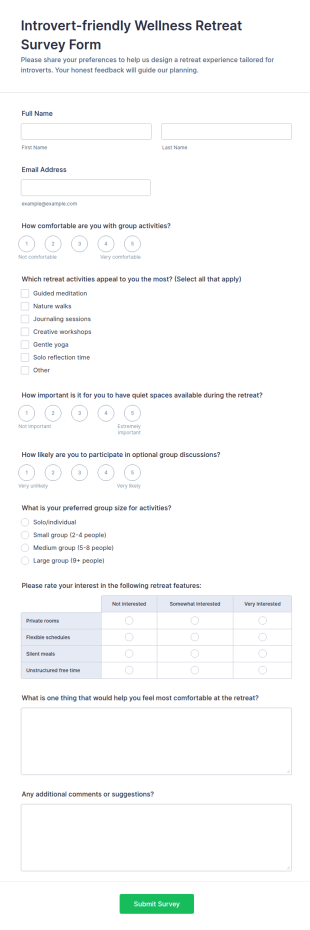 Introvert Friendly Wellness Retreat Survey Form Template