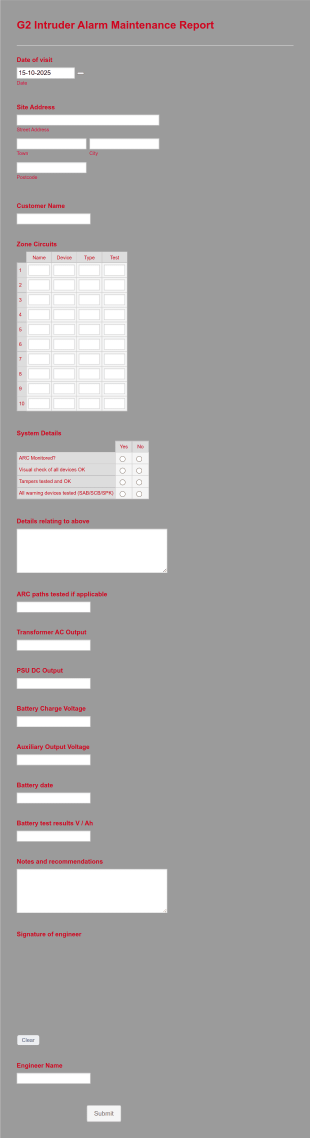 Intruder Alarm Maintenance Report Form Template