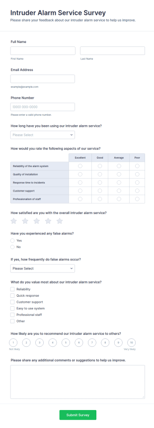 Intruder Alarm Service Survey Form Template