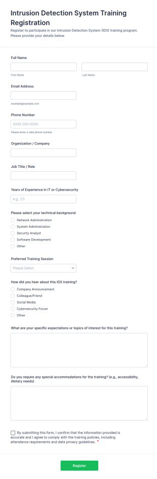 Intrusion Detection System Training Registration Form Template