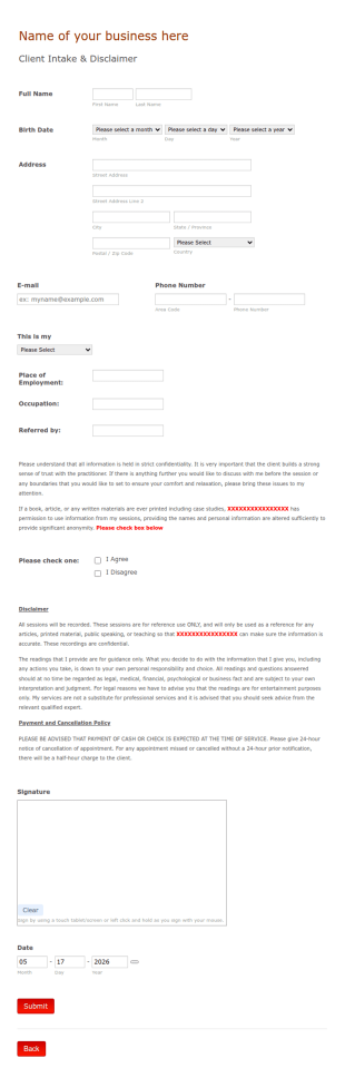 Intuitive Energy Healing Client Intake And Disclaimer Form Template