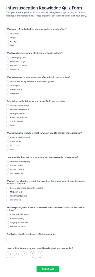 Intussusception Knowledge Quiz Form Template