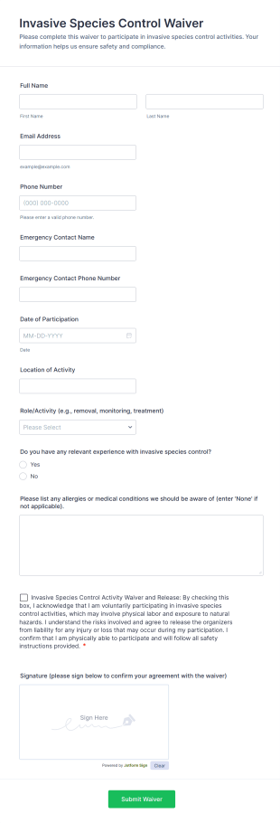 Invasive Species Control Waiver Form Template