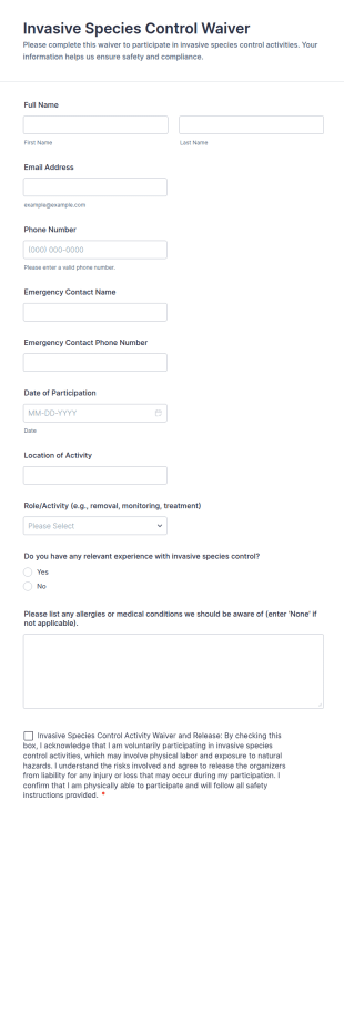 Invasive Species Control Waiver Form Template