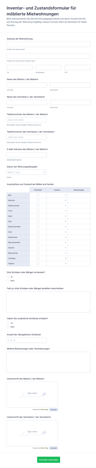 Inventar Und Zustandsformular Für Möblierte Mietwohnungen