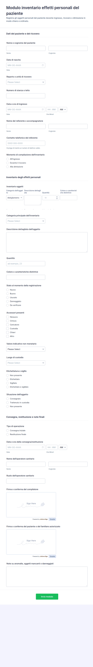 Inventario Degli Oggetti Personali Del Paziente Modulo