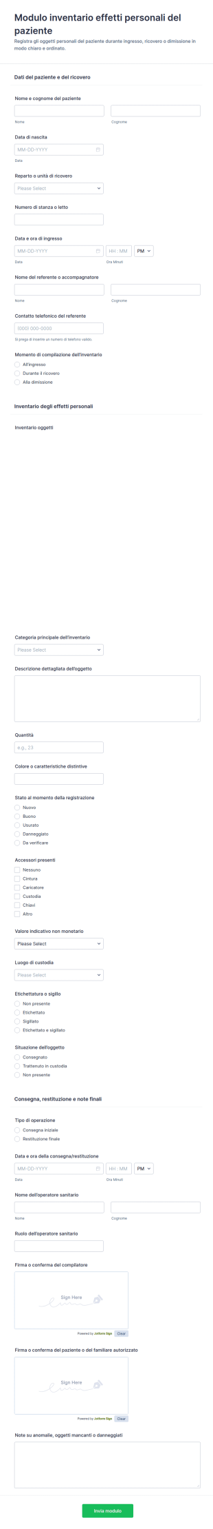 Inventario Degli Oggetti Personali Del Paziente Modulo