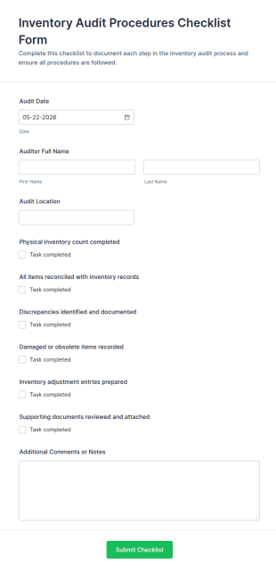 Inventory Audit Procedures Checklist Form Template
