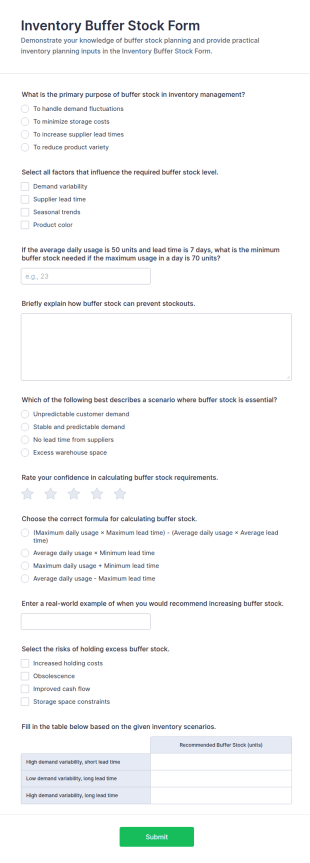 Inventory Buffer Stock Quiz Form Template
