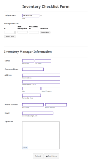 Inventory Checklist Form Template