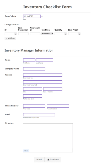 Inventory Checklist Form Template