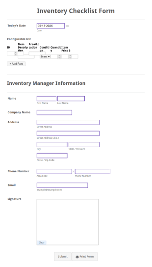 Inventory Checklist Form Template