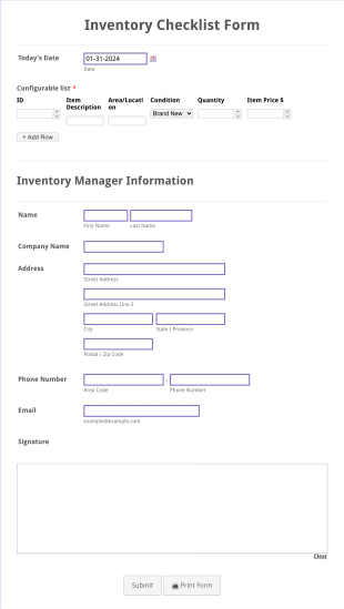 Inventory Checklist Form Template