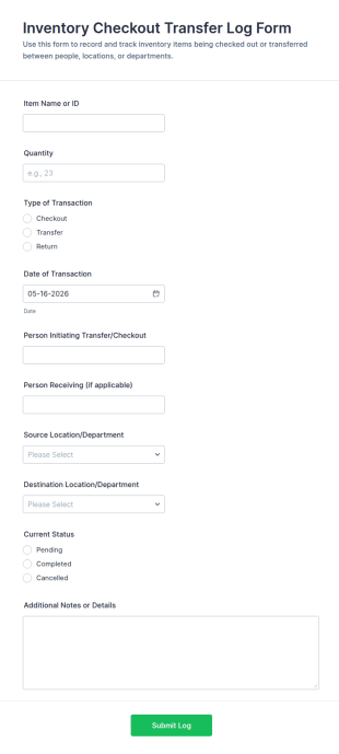 Inventory Checkout Transfer Log Form Template