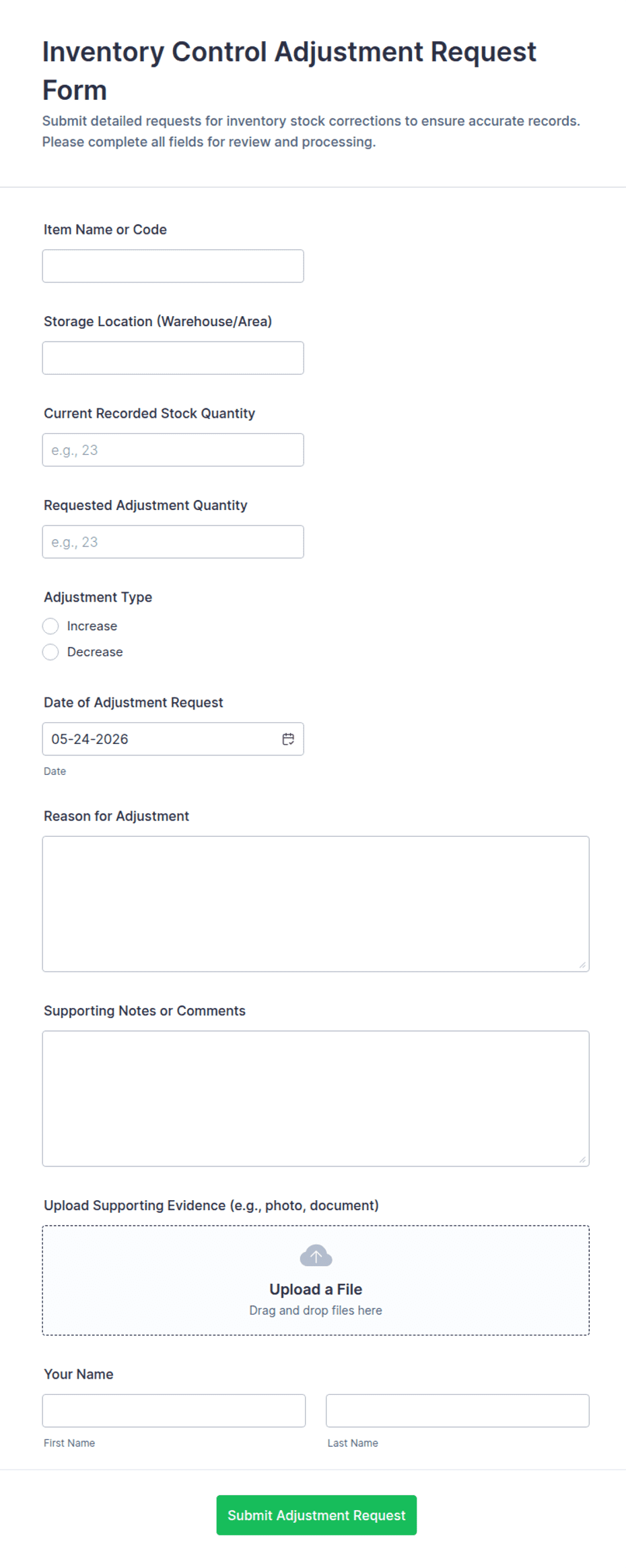 Control System Work Request Form Inventory Control Adjustment Request Form Template | Jotform