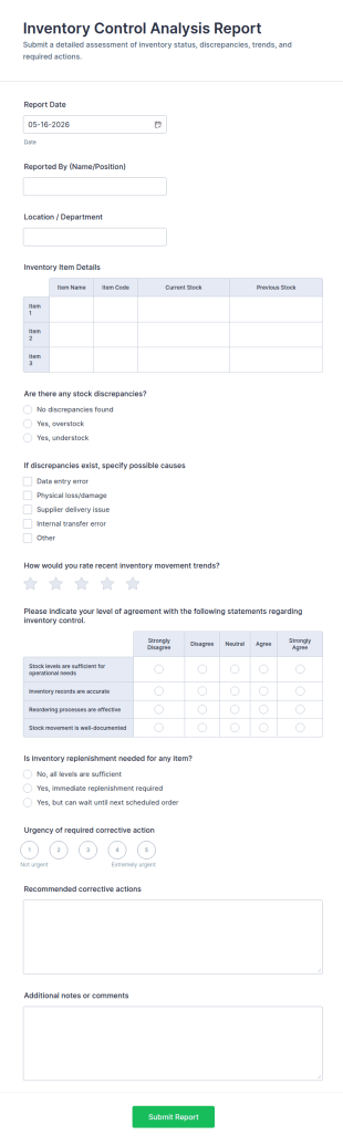 Inventory Control Analysis Report Form Template