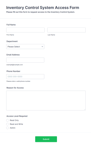Inventory Control System Access Form Template