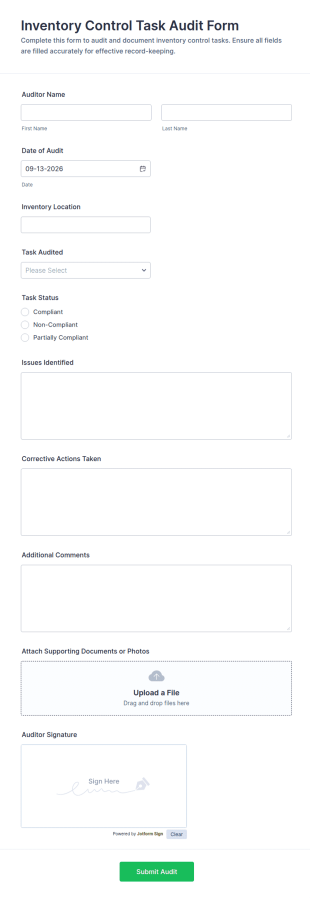 Inventory Control Task Audit Form Template