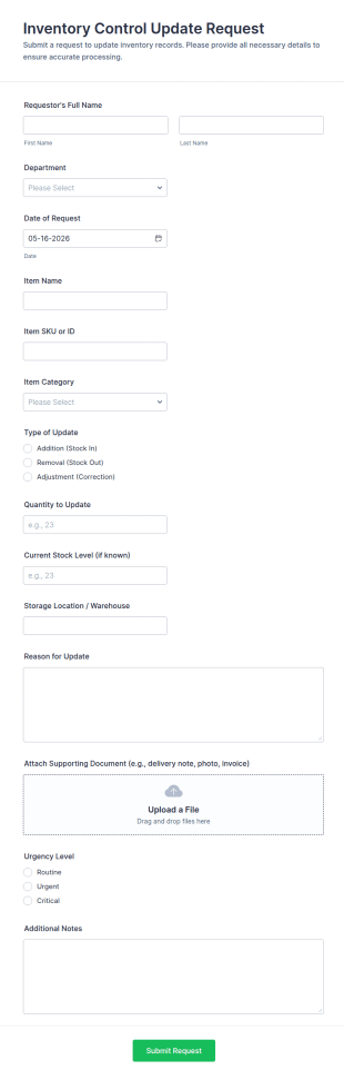 Inventory Control Update Request Form Template