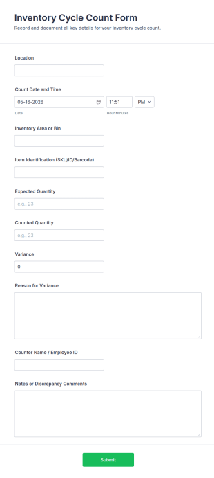 Inventory Cycle Count Form Template