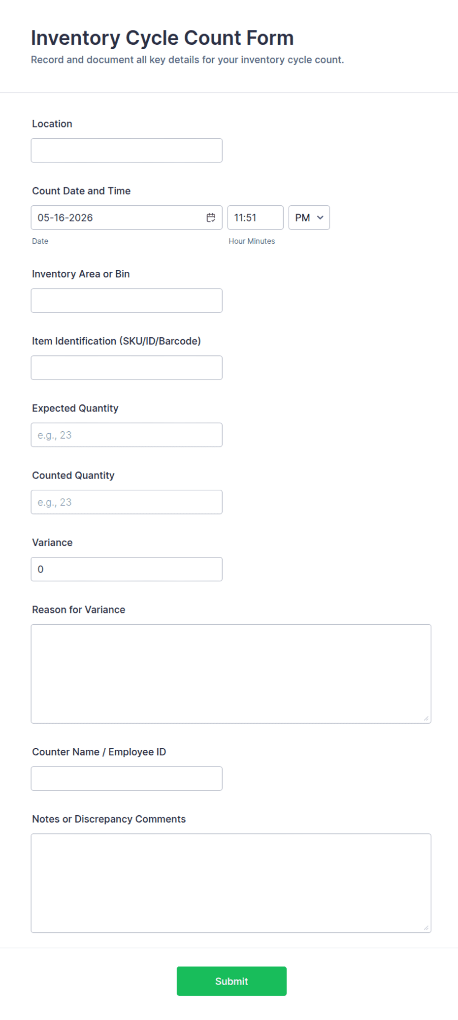 Recount Inventory Form Inventory Cycle Count Form Template | Jotform