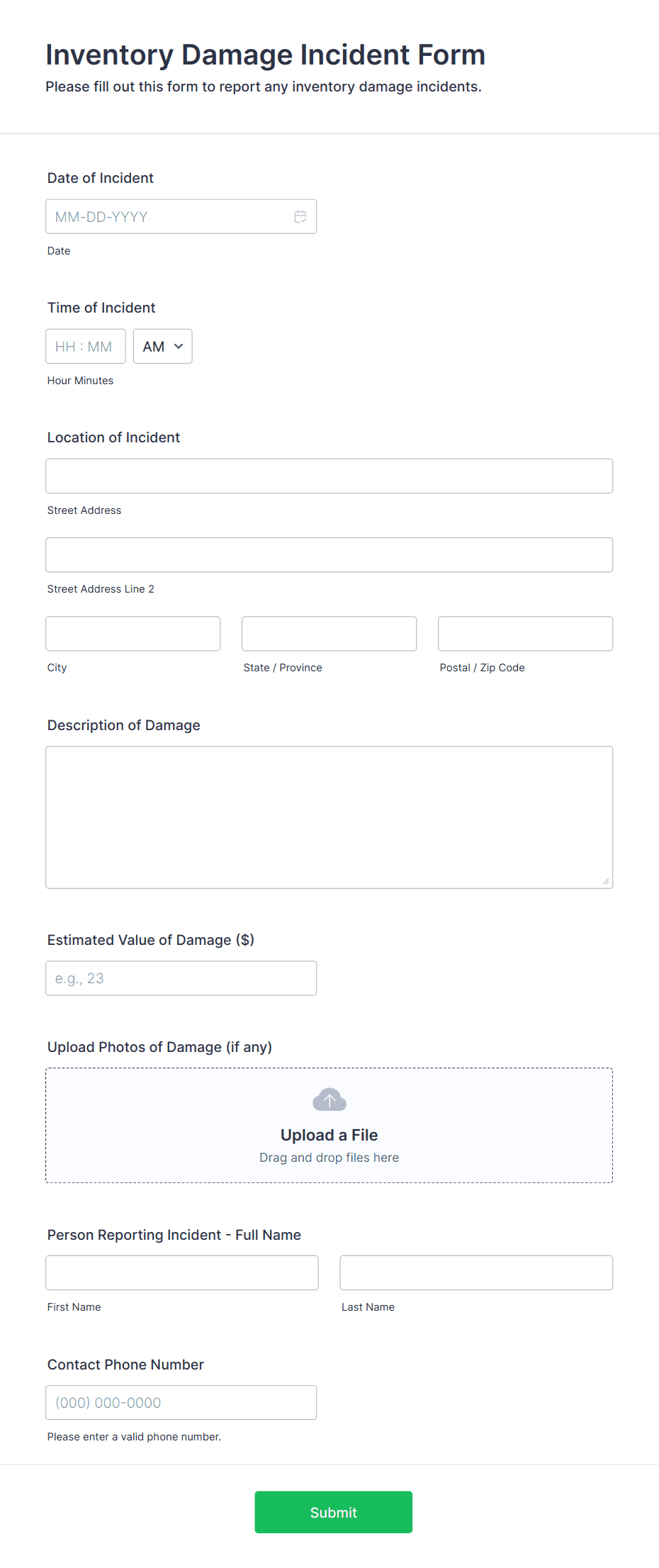 Inventory Damage Incident Form Template | Jotform