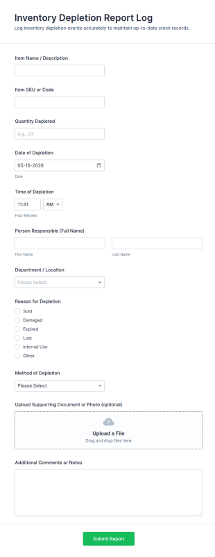 Inventory Depletion Report Log Form Template
