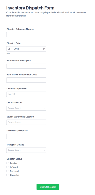 Inventory Dispatch Form Template