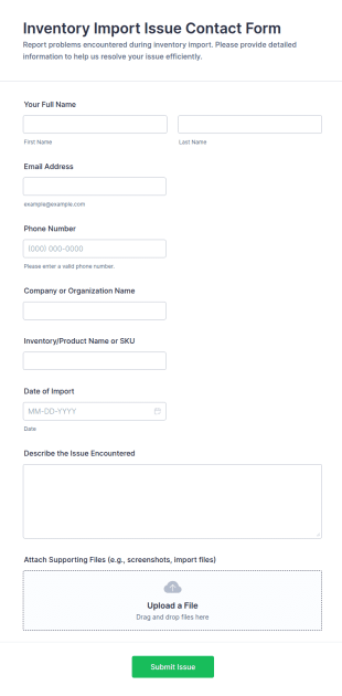 Inventory Import Issue Contact Form Template