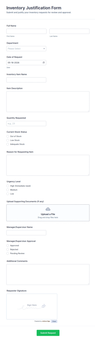 Inventory Justification Form Template