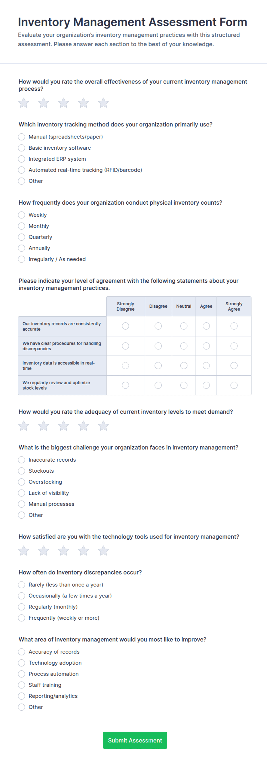 Inventory Management Assessment Form Template | Jotform
