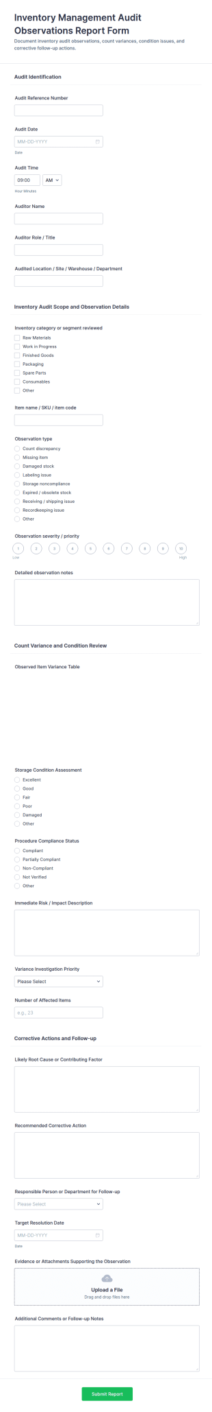 Inventory Management Audit Observations Report Form Template
