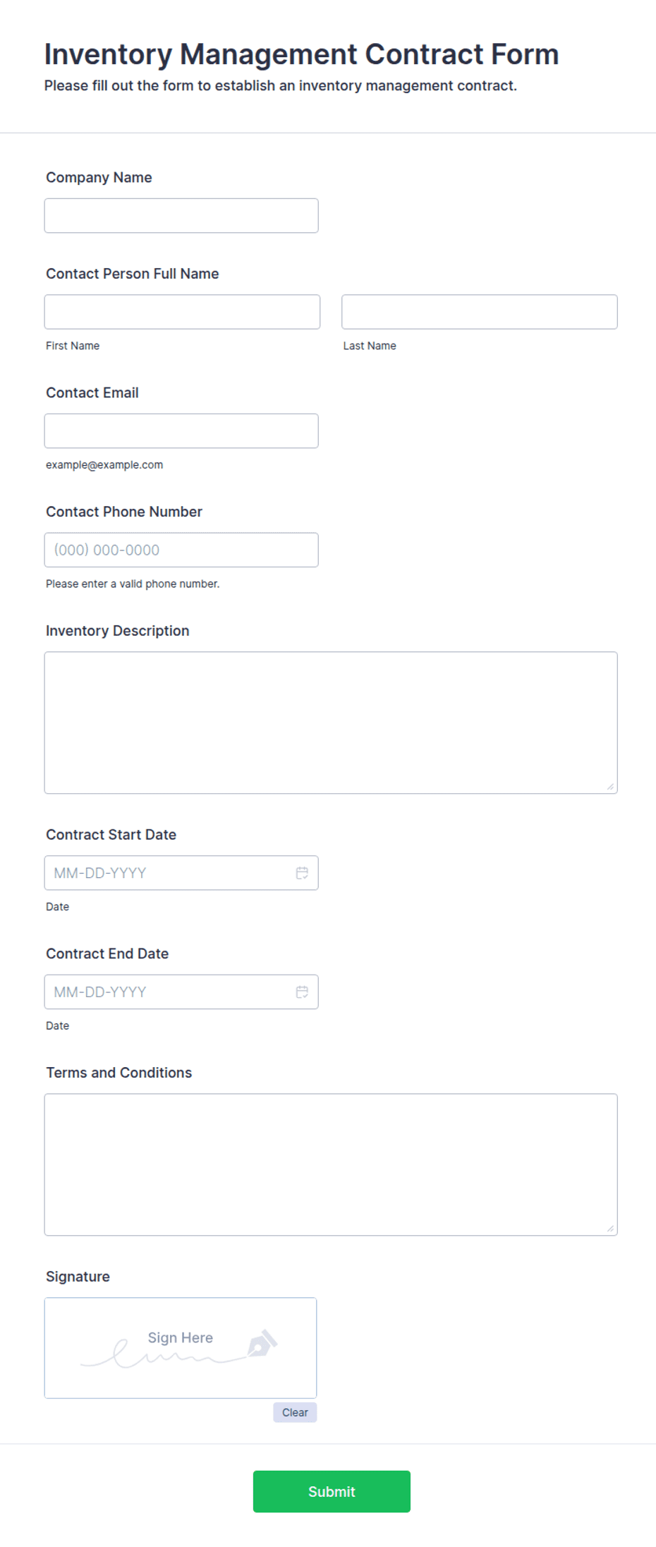 Contractor Management Form Inventory Management Contract Form Template | Jotform