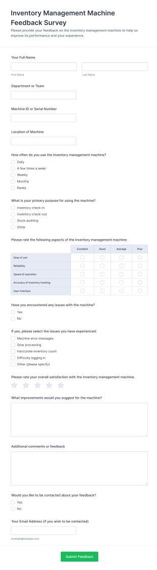 Inventory Management Machine Feedback Survey Form Template