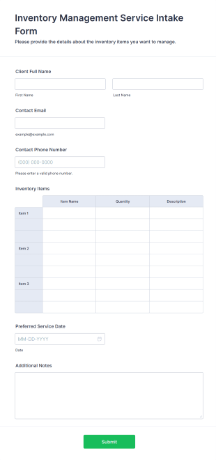 Inventory Management Service Intake Form Form Template