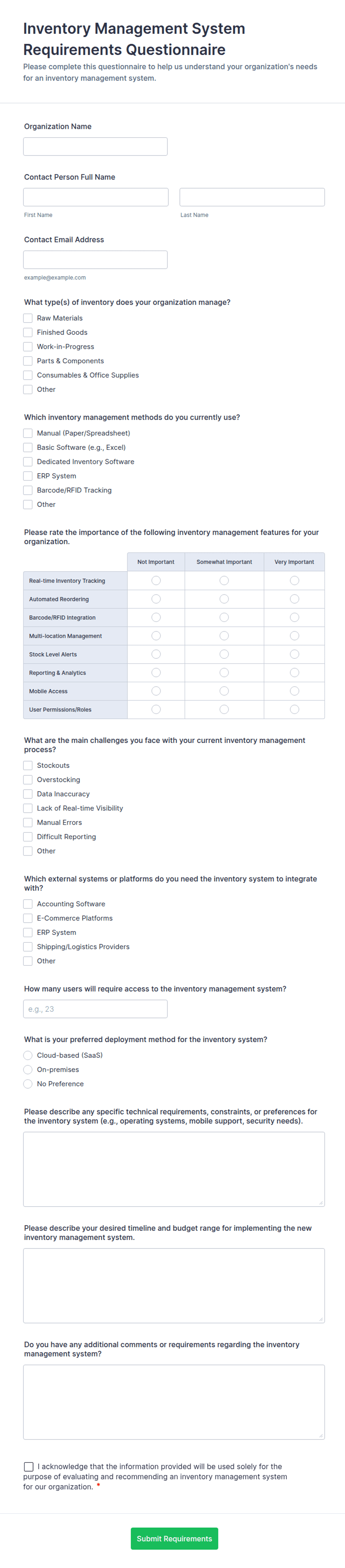 Inventory Management System Requirements Questionnaire Form Template ...